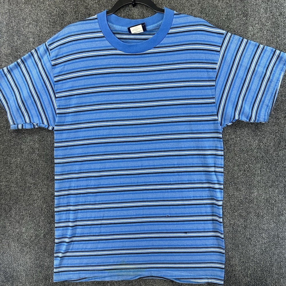 VTG Faded Glory Shirt Mens M Blue Cotton Striped Short Sleeve Crew Neck USA Made